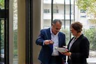 Property management team inspecting building